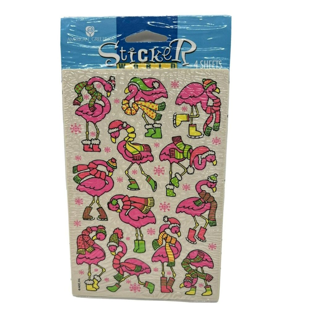 American Greetings Sticker World Winter‎ Hot Pink Flamingos 4 Sheets Vintage